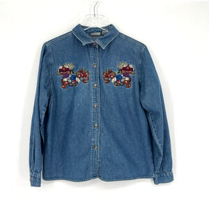 Vtg Cabin Creek‎ Top Womens PL Denim Embroidered Cat Country Barn Cottage Floral